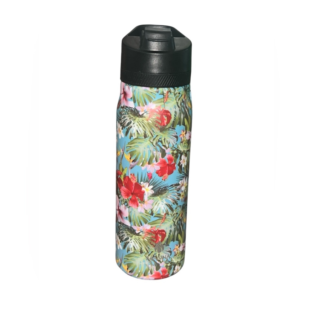 Anna Tropical Floral Water Bottle with Black Lid